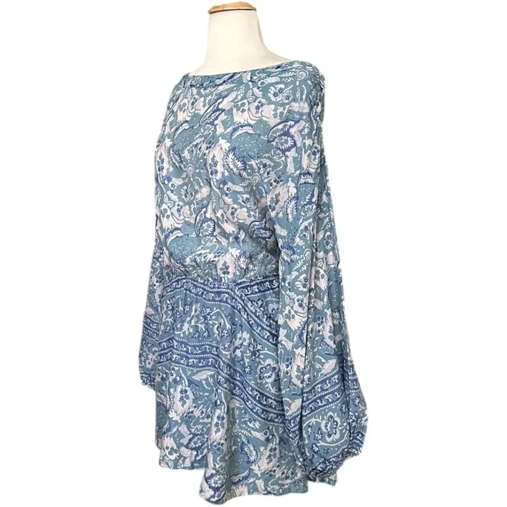 FREE PEOPLE Bohemian Mini Dress Silver Sun‎ Cutout Blue Washed Pockets, Medium